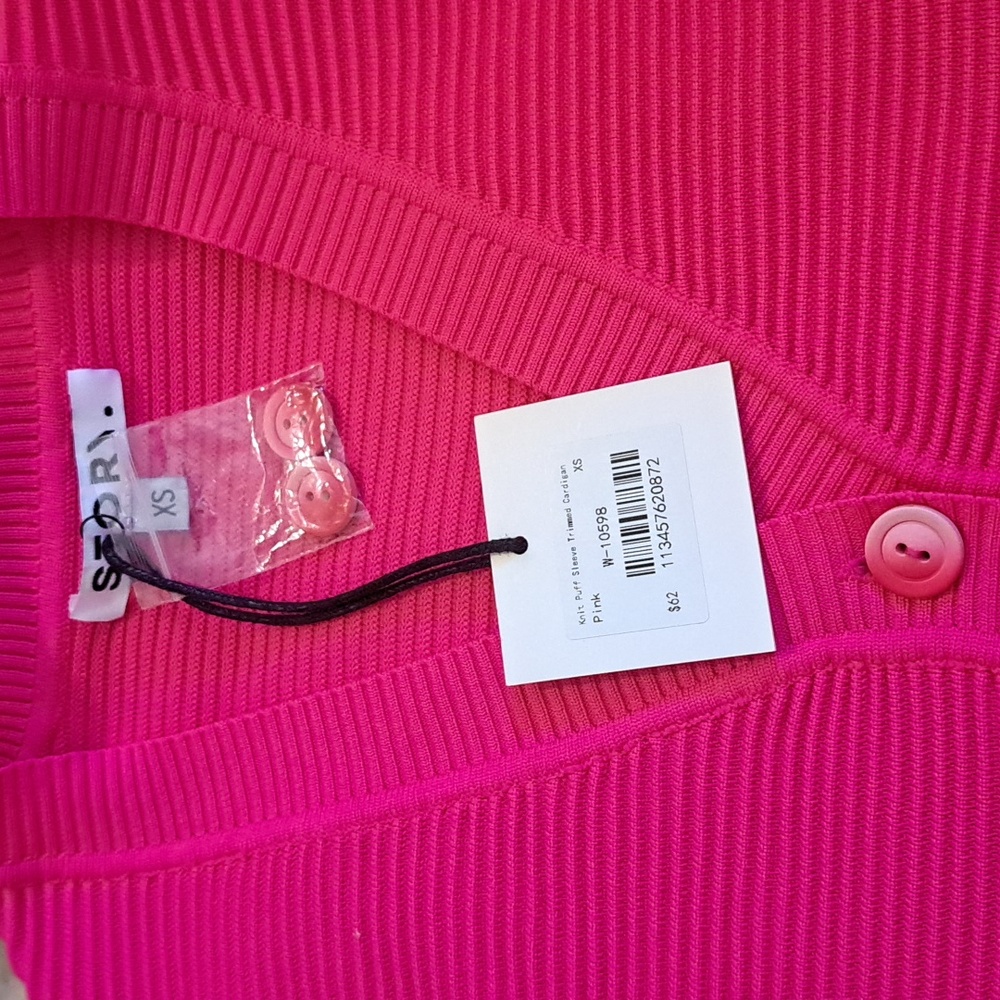 Story Pink Cropped Cardigan Puff Sleeves Striped Waist XS NWT - Picture 2 of 8